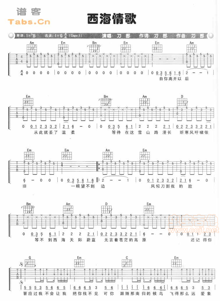 西海情歌g吉他谱刀郎吉他图片谱2张