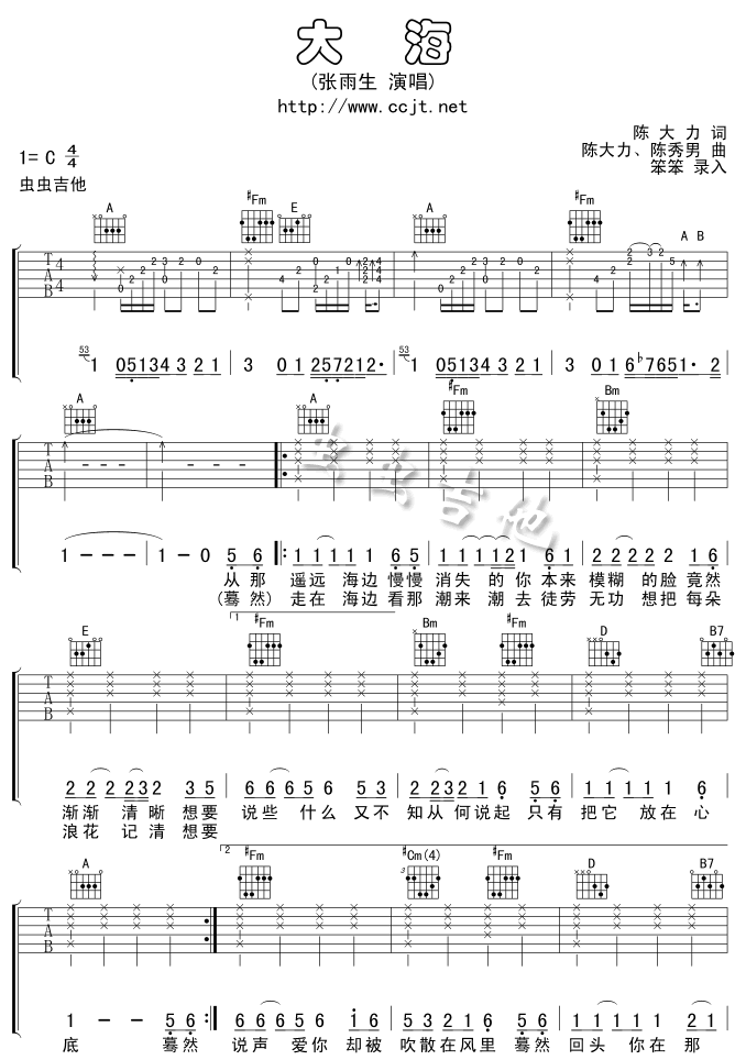 《大海吉他谱》 张雨生 C调 吉他图片谱2张 吉他谱大全