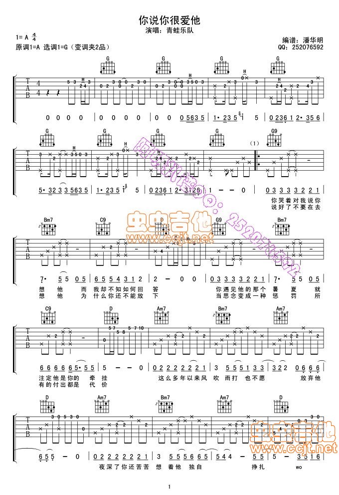 你说你很爱他吉他谱青蛙乐队a调吉他图片谱2张
