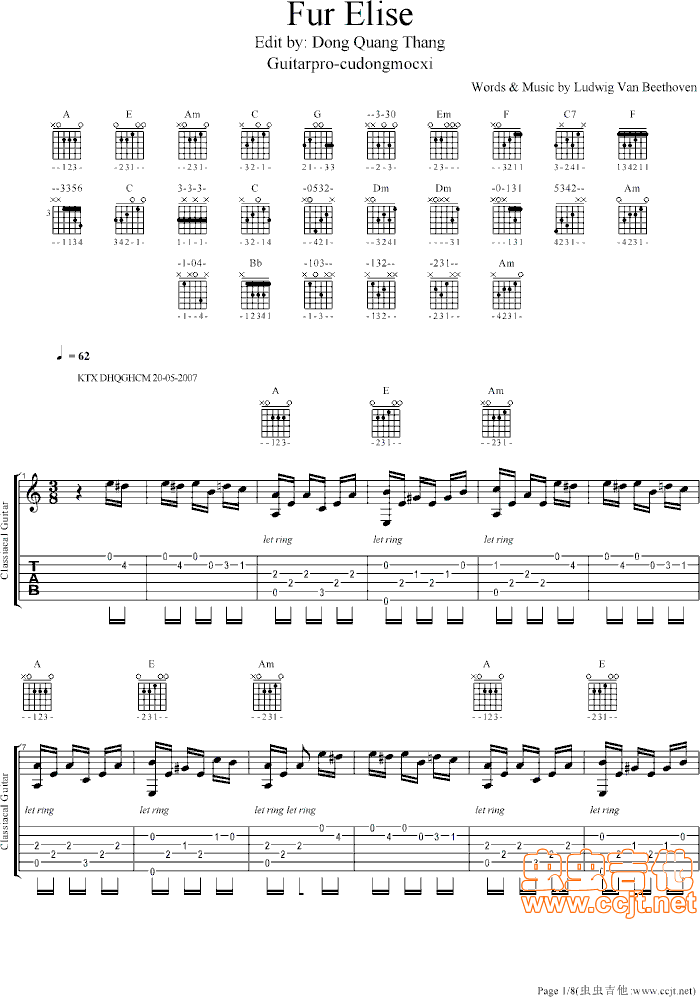 致爱丽丝吉他谱贝多芬独奏版吉他图片谱8张