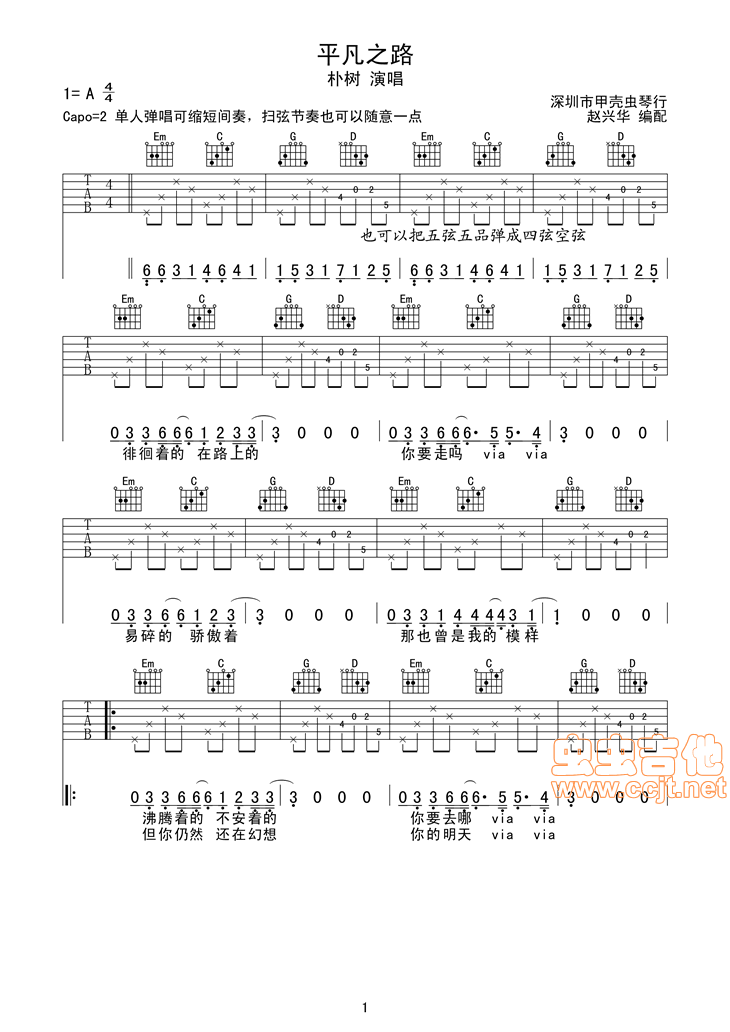 平凡之路吉他譜朴樹吉他圖片譜5張