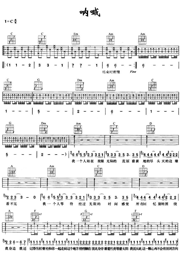 呐喊吉他谱第1页