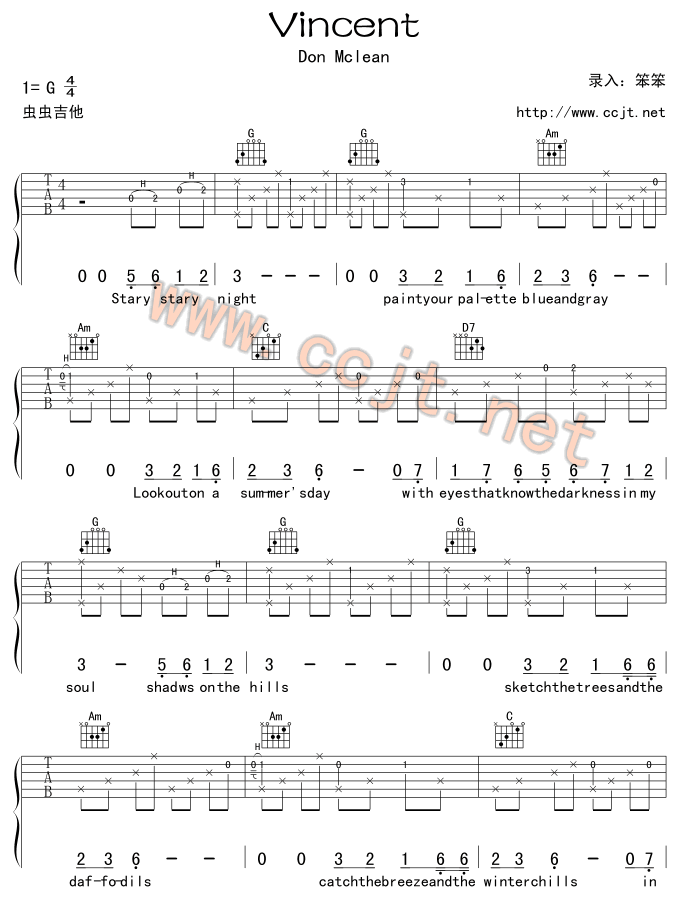vincent吉他谱第1页
