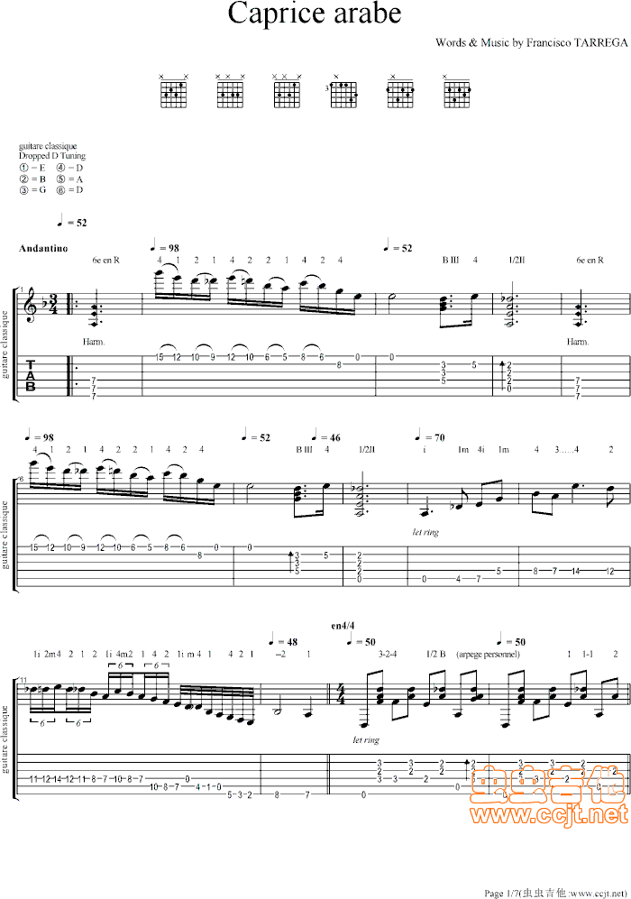 阿拉伯风格绮想曲吉他谱第1页