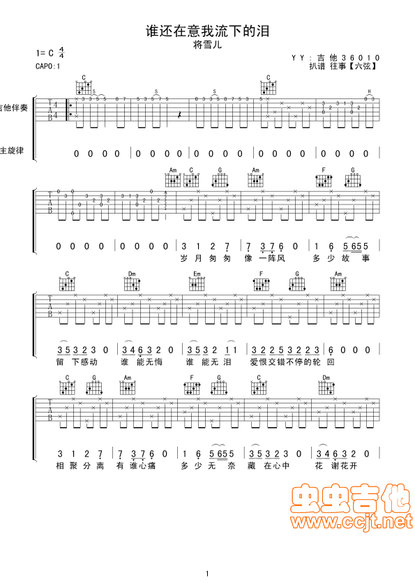 谁还在意我流下的泪吉他谱第1页