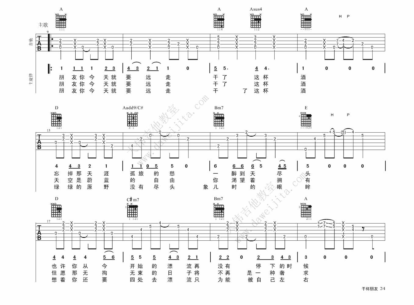 田震 干杯朋友|吉他谱