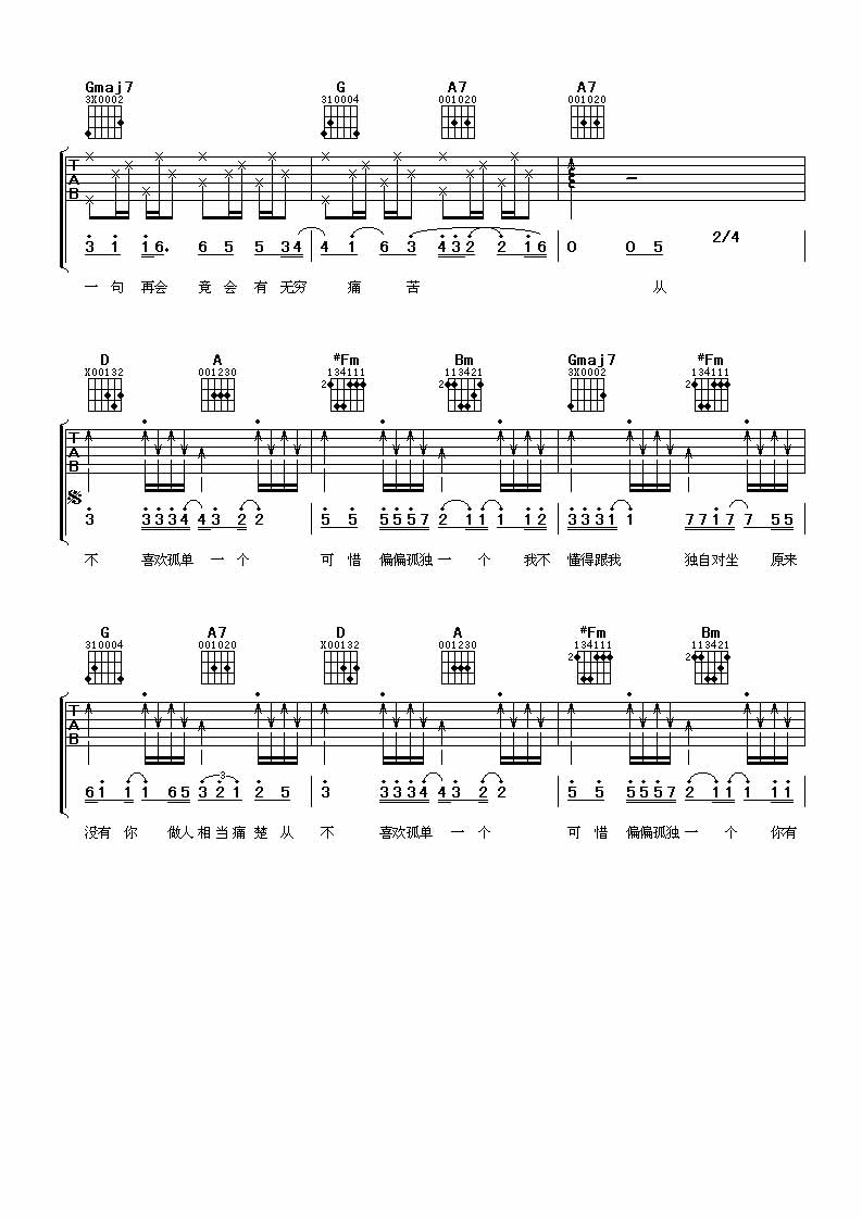 苏永康&彭家丽 从不喜欢孤单一个|吉他谱