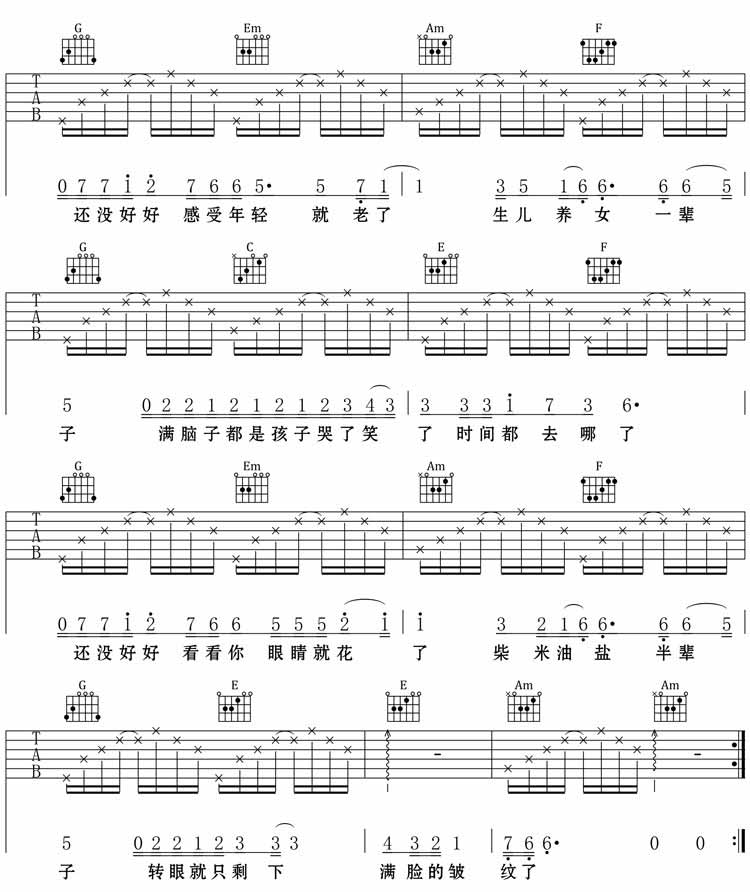 王铮亮 时间都去哪儿了|吉他谱