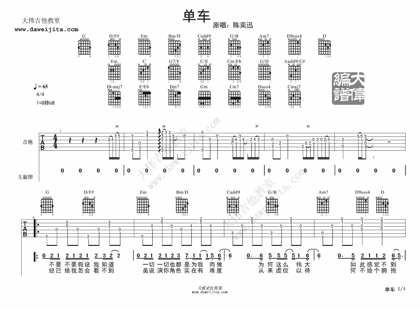 陈奕迅《单车》|吉他谱