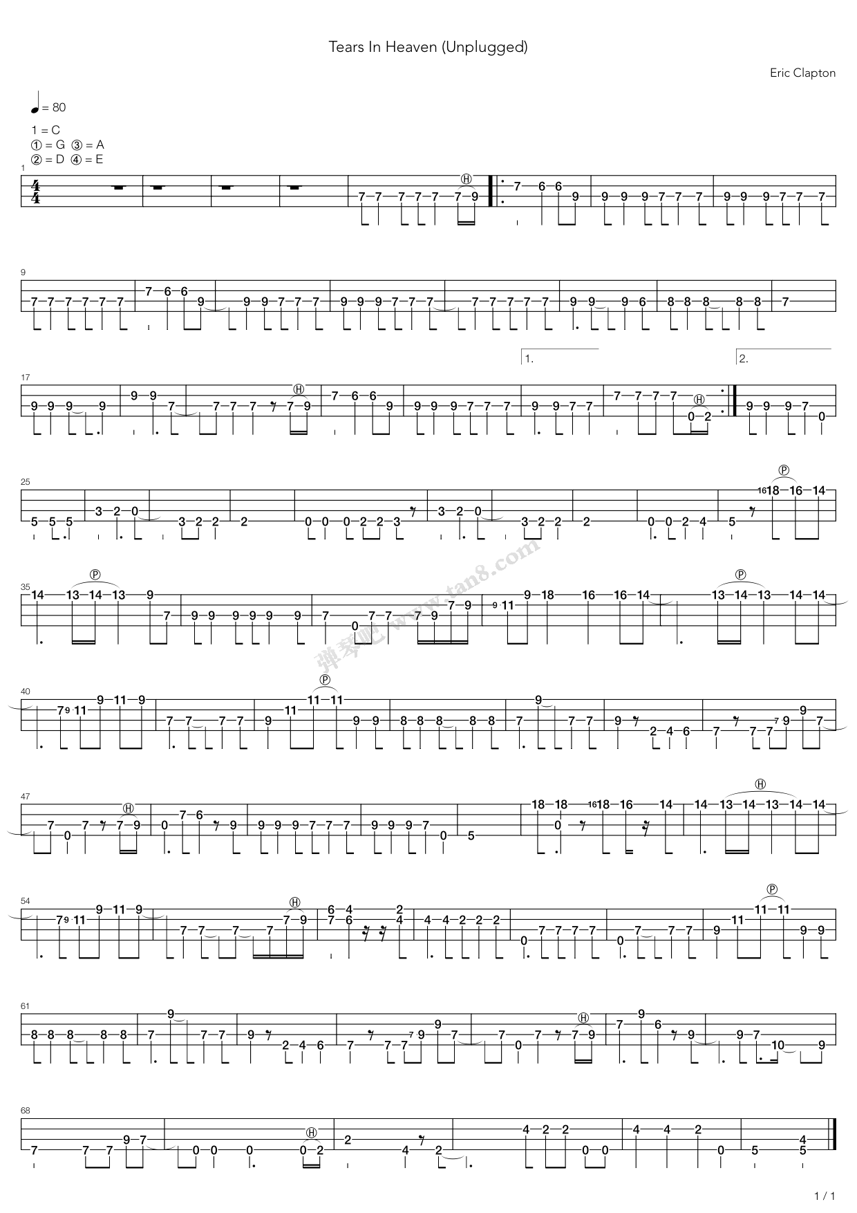 《Tears In Heaven 指弹版》 Eric Clapton 独奏吉他谱