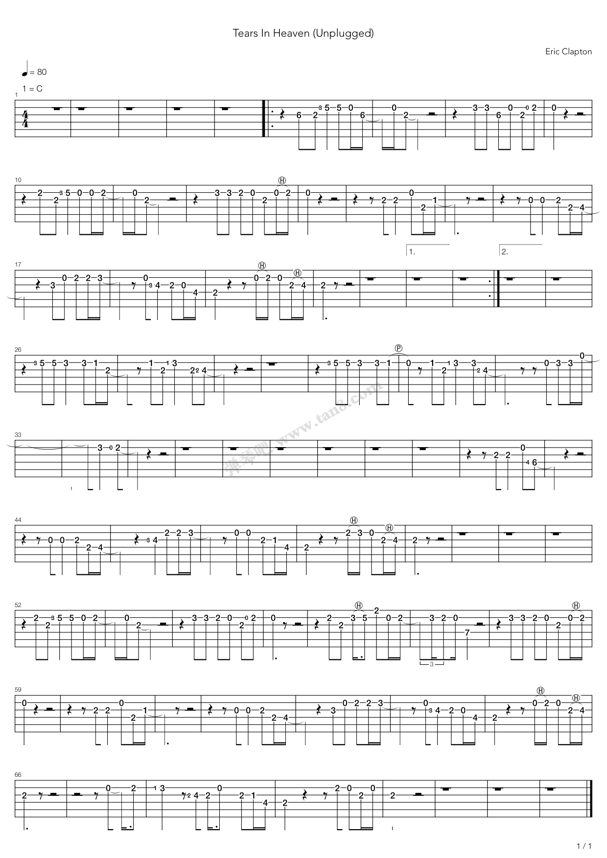 《Tears In Heaven 指弹版》 Eric Clapton 独奏吉他谱