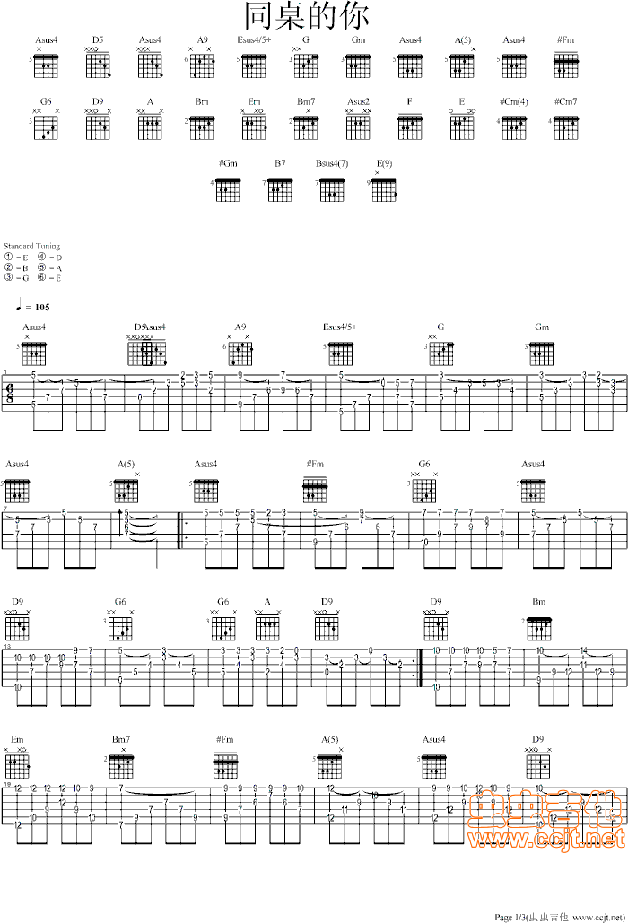 同桌的你 独奏 1调GTP六线 独奏吉他谱
