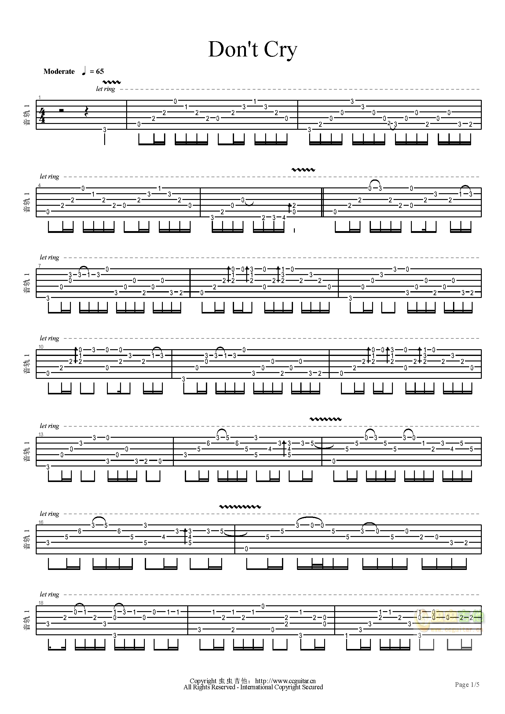 枪花 don't Cry指弹完全版C调GTP六线 独奏吉他谱