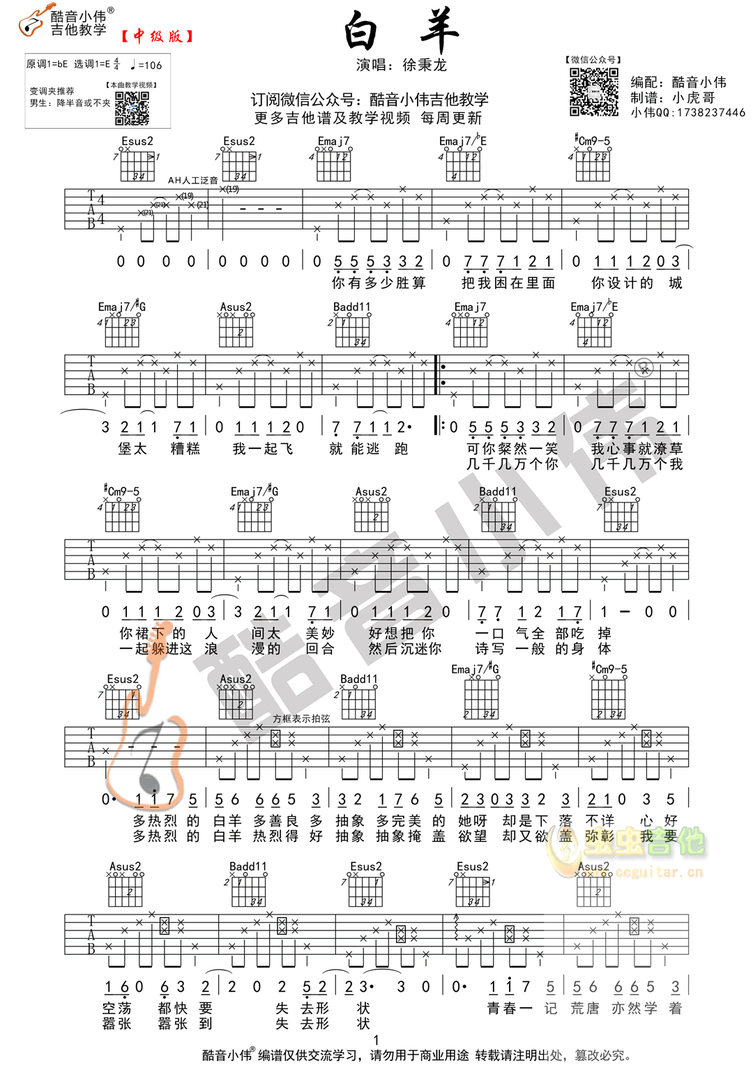 《白羊》超原版酷音小伟吉他弹唱教学E