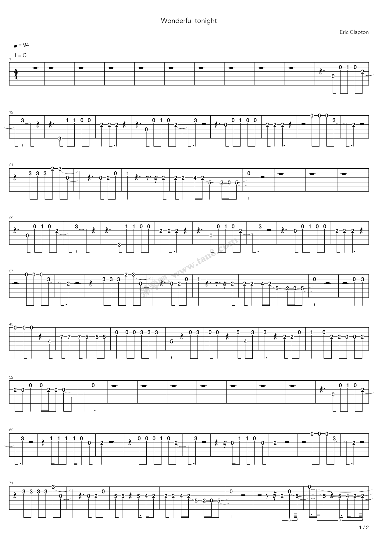 《Wonderful Tonight 指弹版 》 Eric Clapton 独奏吉他谱