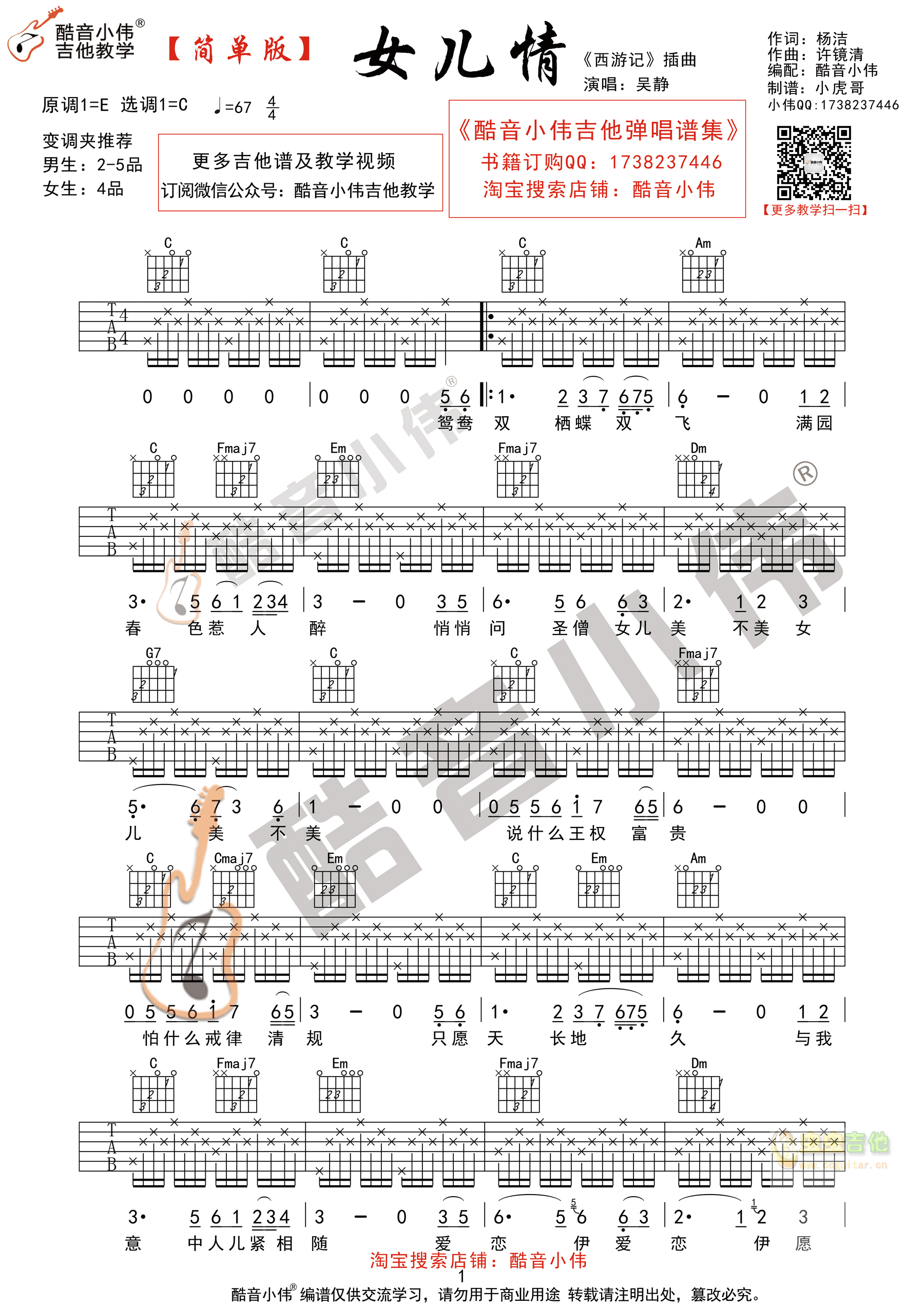 《女儿情》简单版 酷音小伟吉他教学 C