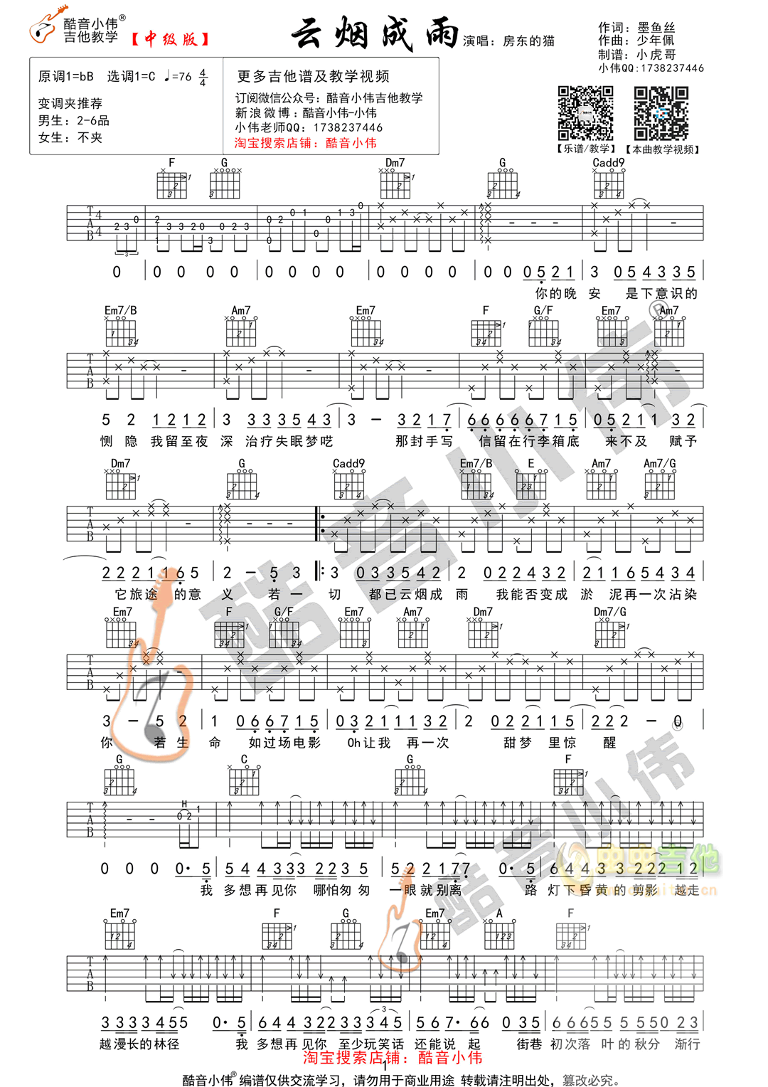 房东的猫《云烟成雨》中级版 酷音小伟吉他教学 C
